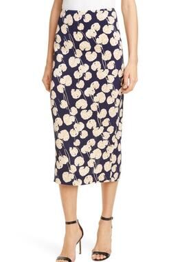 Diane Von Furstenberg Kara Floral Pencil Midi Skirt Women's 8 Navy Blue